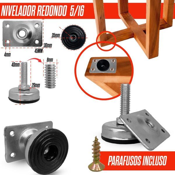 Kit 50/75/100 Sapata Niveladora c/ Chapa Ajustável Rosca 8mm Metal Pé Para Móveis Bancada Estante