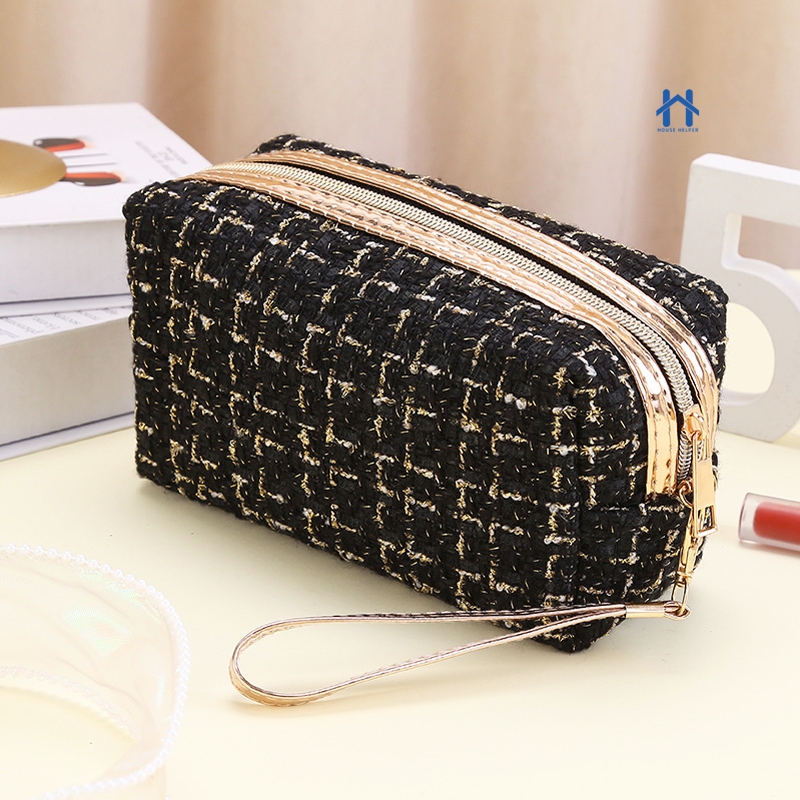 Estojo Necessaire Bolsa de Maquiagem Tweed com Alça  –  Compacta e Versátil Para Viagem ou Dia a Dia em Oferta na Shopee