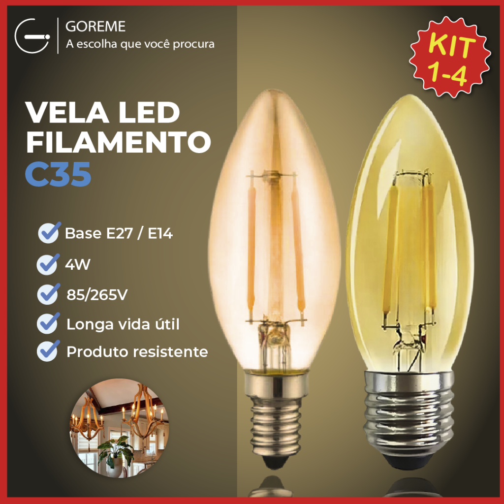 Kit 4 Lâmpada Filamento Vela Led E27 e E14 Luz Quente C35 4W Amba Retro Vintage 2200K 110V-220V Bivolt - Home & Living
