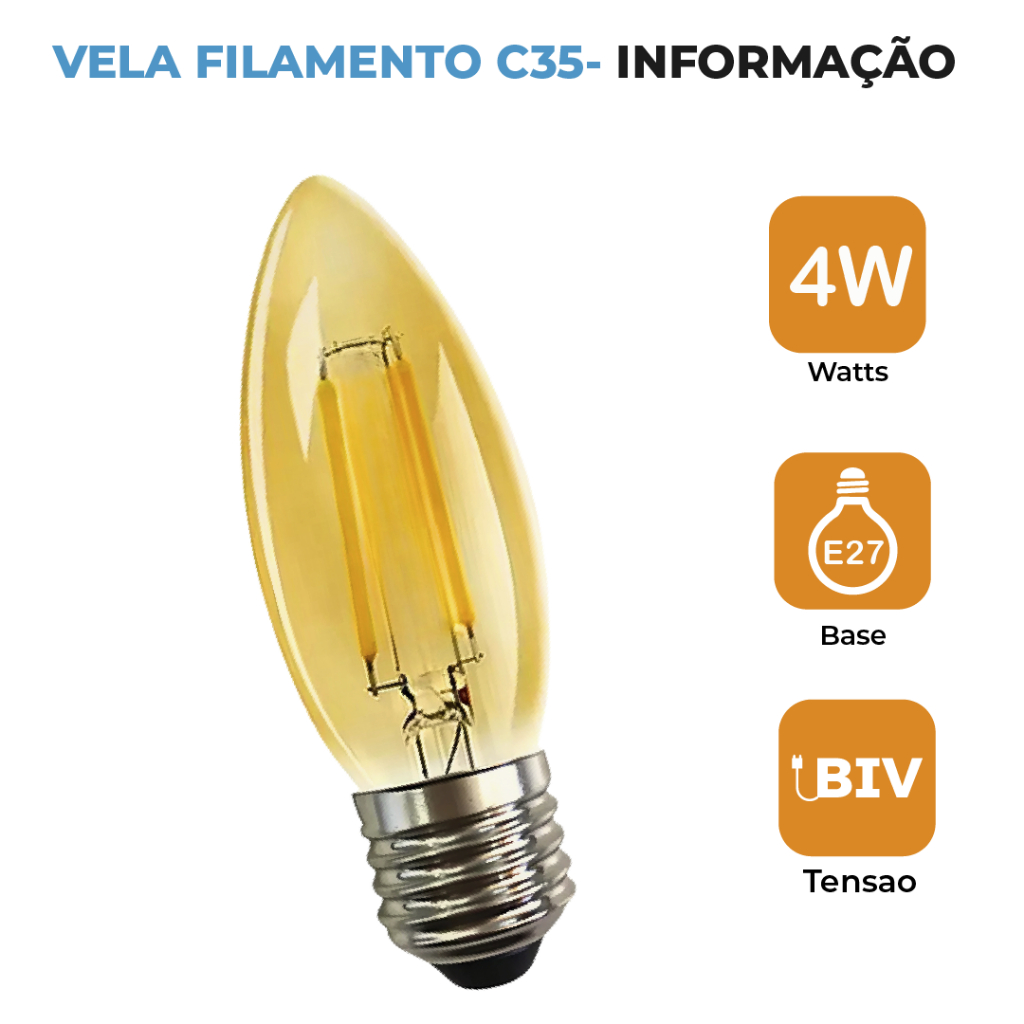 Detalhes do Kit 6 Lâmpada Filamento Vela Led E27 e E14 Luz Quente C35 4W Amba Retro Vintage 2200K 110V-220V Bivolt
