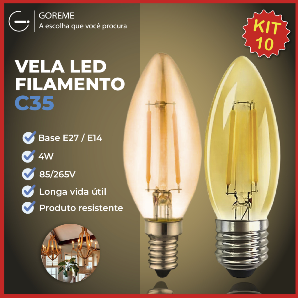 Kit 10 Lâmpada Filamento Vela Led E27 e E14 Luz Quente C35 4W Amba Retro Vintage