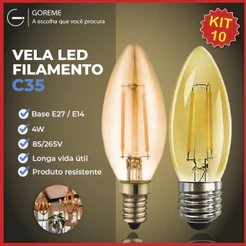 Kit 10 Lâmpada Filamento Vela Led E27 e E14 Luz Quente C35 4W Amba Retro Vintage 2200K 110V-220V Bivolt