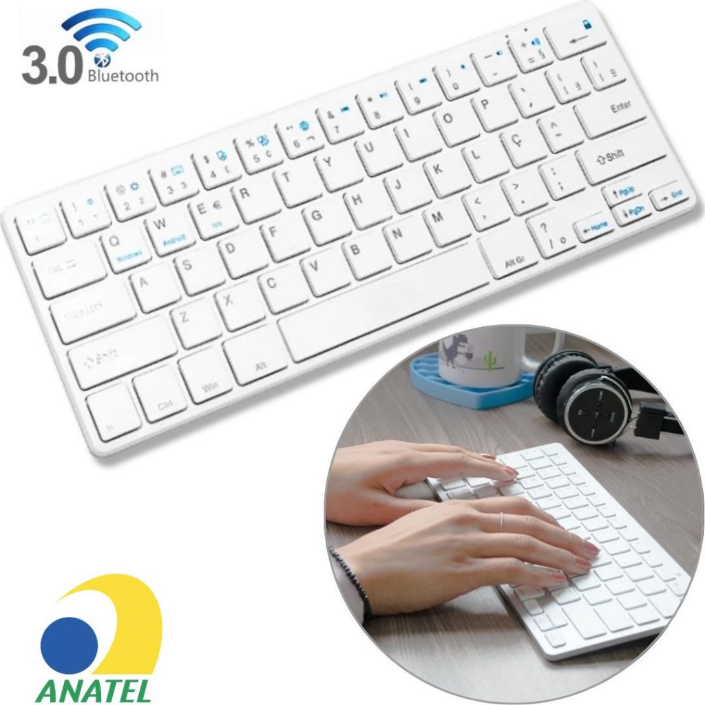 Teclado Sem Fio Tecla Ç Abnt2 Branco Para Win Tablet Tab Celular Notebook Smart Tv