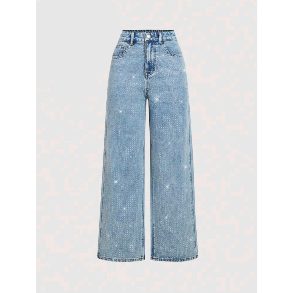 Calça Jeans Feminina Pantalona Wide Leg Com Bolsa Cintuta Alta Com Glitter em Oferta na Shopee