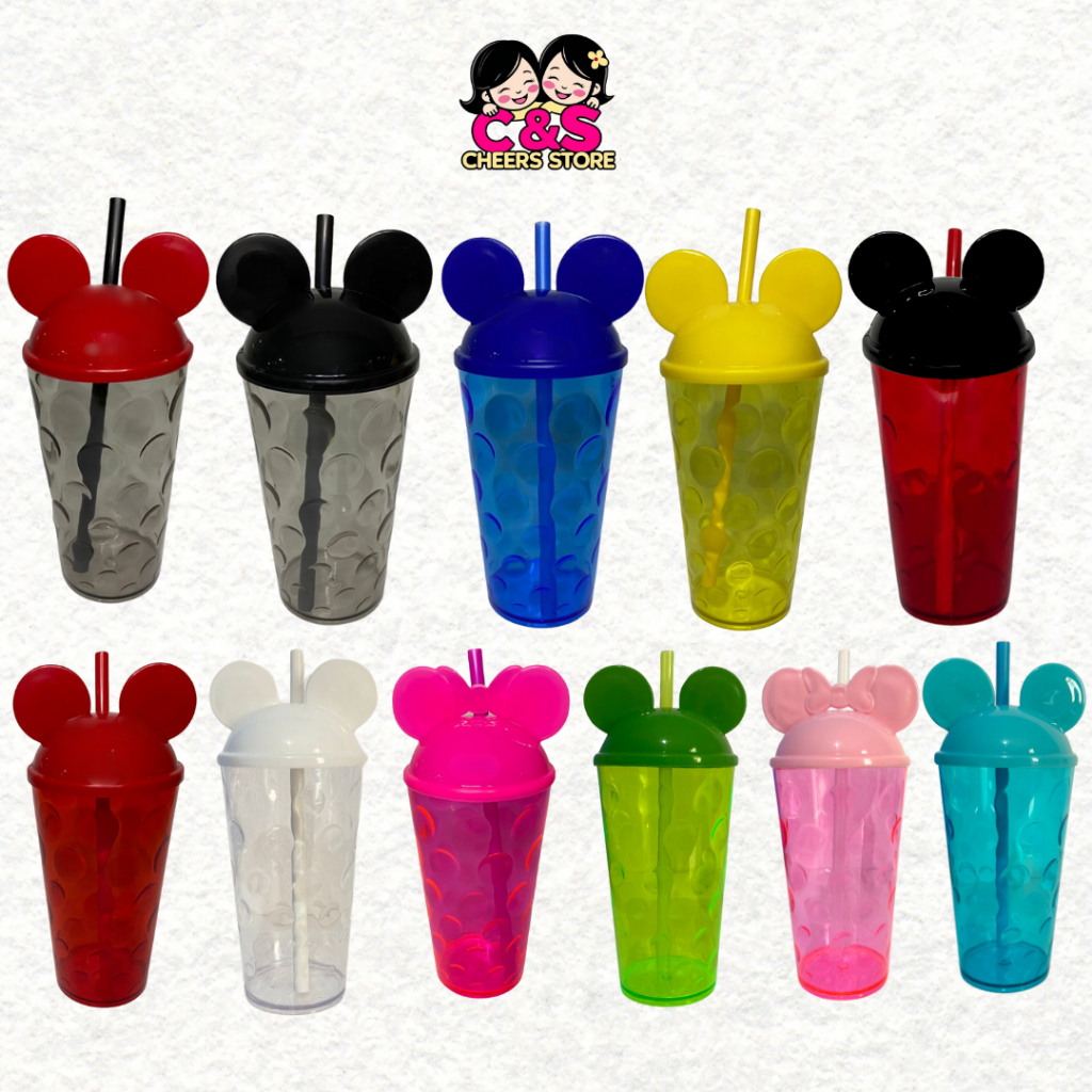 KIT COM 5 COPOS BOLHA  MICKEY ORELHA COM TAMPA E CANUDO 500ML FESTA -ANIVERSARIO-LEMBRANCINHA