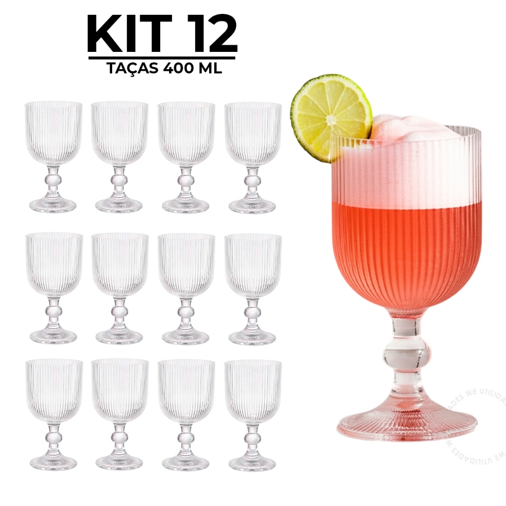 Jogo 12 Taças De Vidro Graffiato 400ml Transparente Riscada Canelada