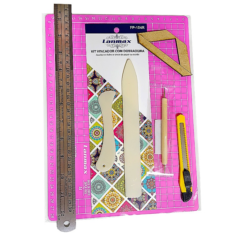 Kit Base A4 Rosa Com Vincador Dobradeira Estilete Boleador Régua Aço 30 cm