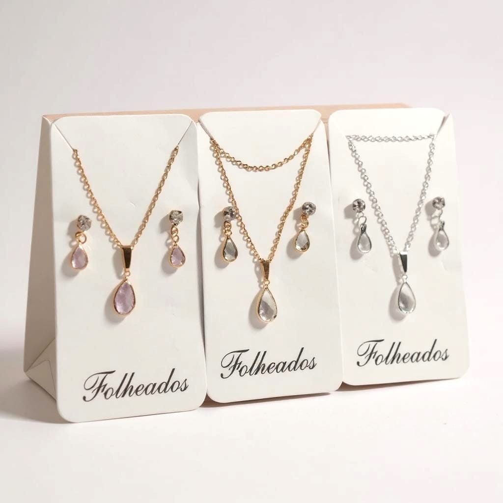 Kit Colar + Brinco Gota Zircônia Folheado a Prata  e Dourado Delicado Feminino