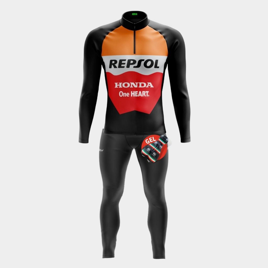 Conjunto Ciclismo Masculino Inverno Camisa Manga Longa Pro Uv Calça Gel Bolsos Bike Pedal MTB