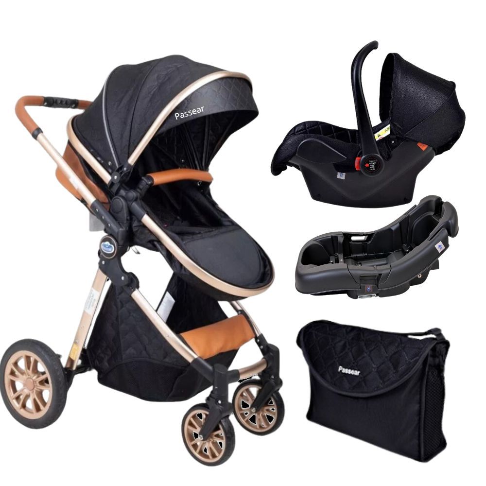 Carrinho de Bebê Europeu Luxo Ares Plus 4 em 1 Preto Estrutura Dourado com Bolsa Passear Baby