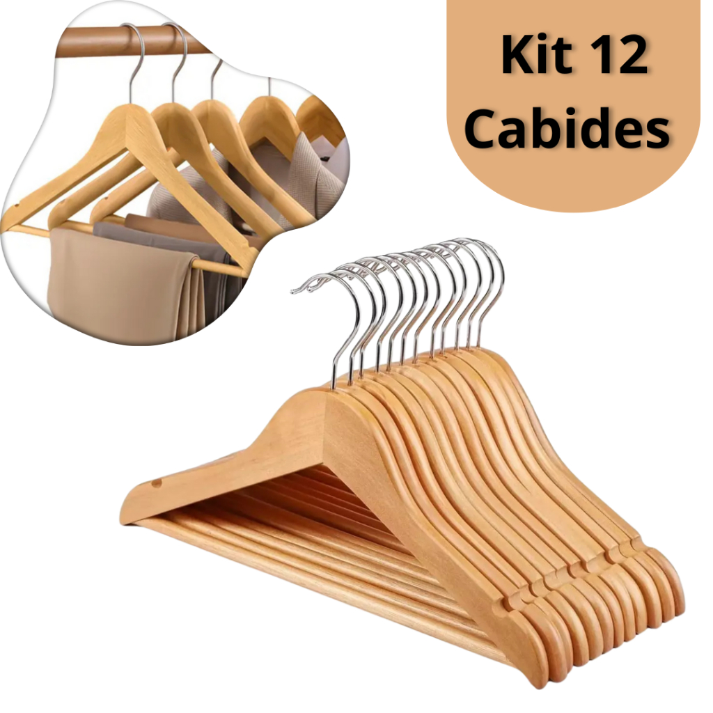 Kit 12 Cabides Madeira Premium para Roupas Marfim Atacado