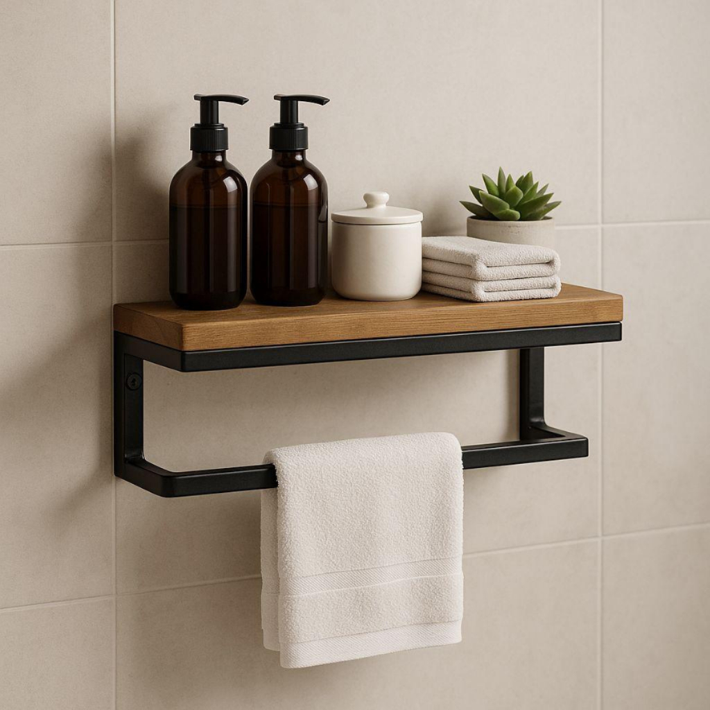 Prateleira Decorativa para Banheiro com Suporte – MDF 15mm e Aço Carbono – Resiste até 15kg em Oferta na Shopee