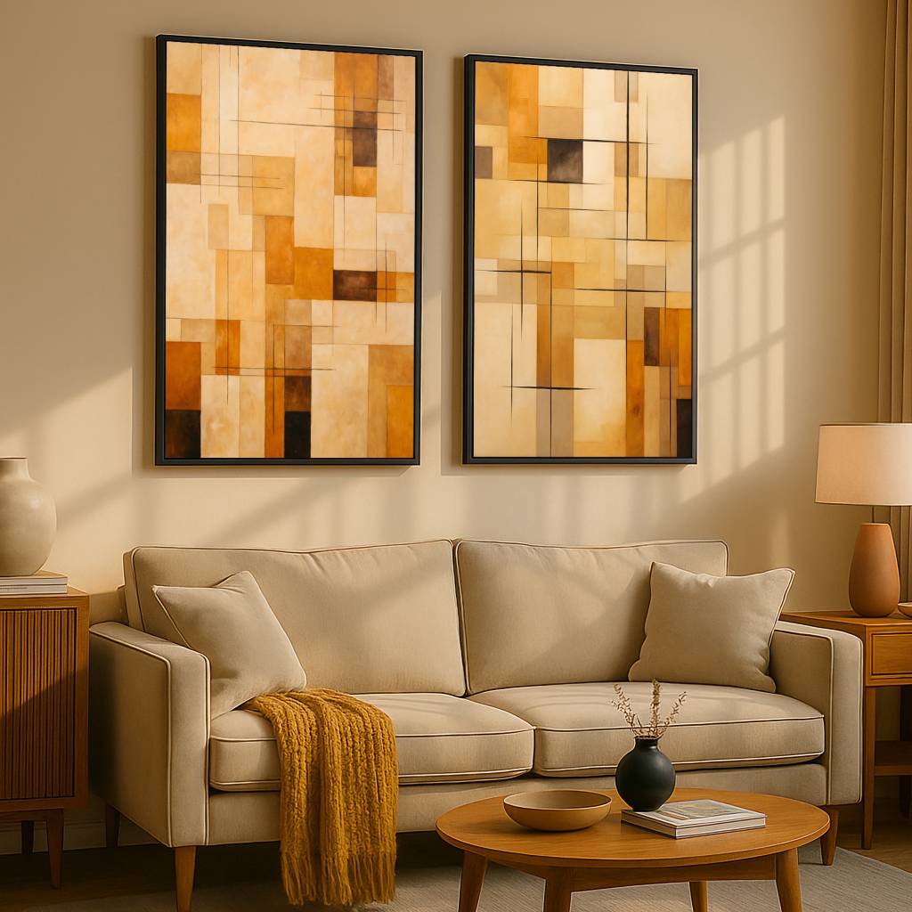 Kit 2 Quadros Decorativos Moldura 50x70 Abstrato Geométrico Grande Moderno Para Sala Quarto