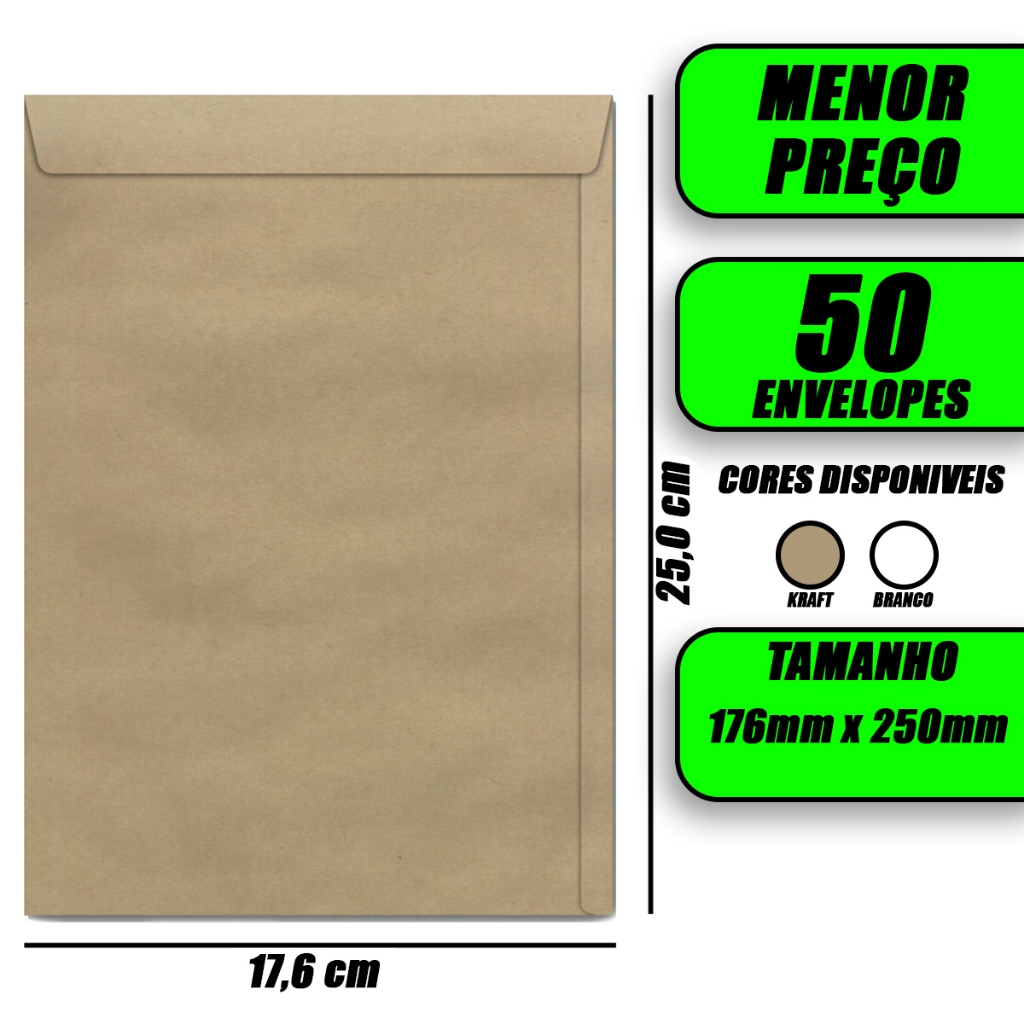 Envelope Saco Kraft de 80g 176mm x 250 mm 80g kit Com 50 Unidade Branco Pardo em Oferta na Shopee