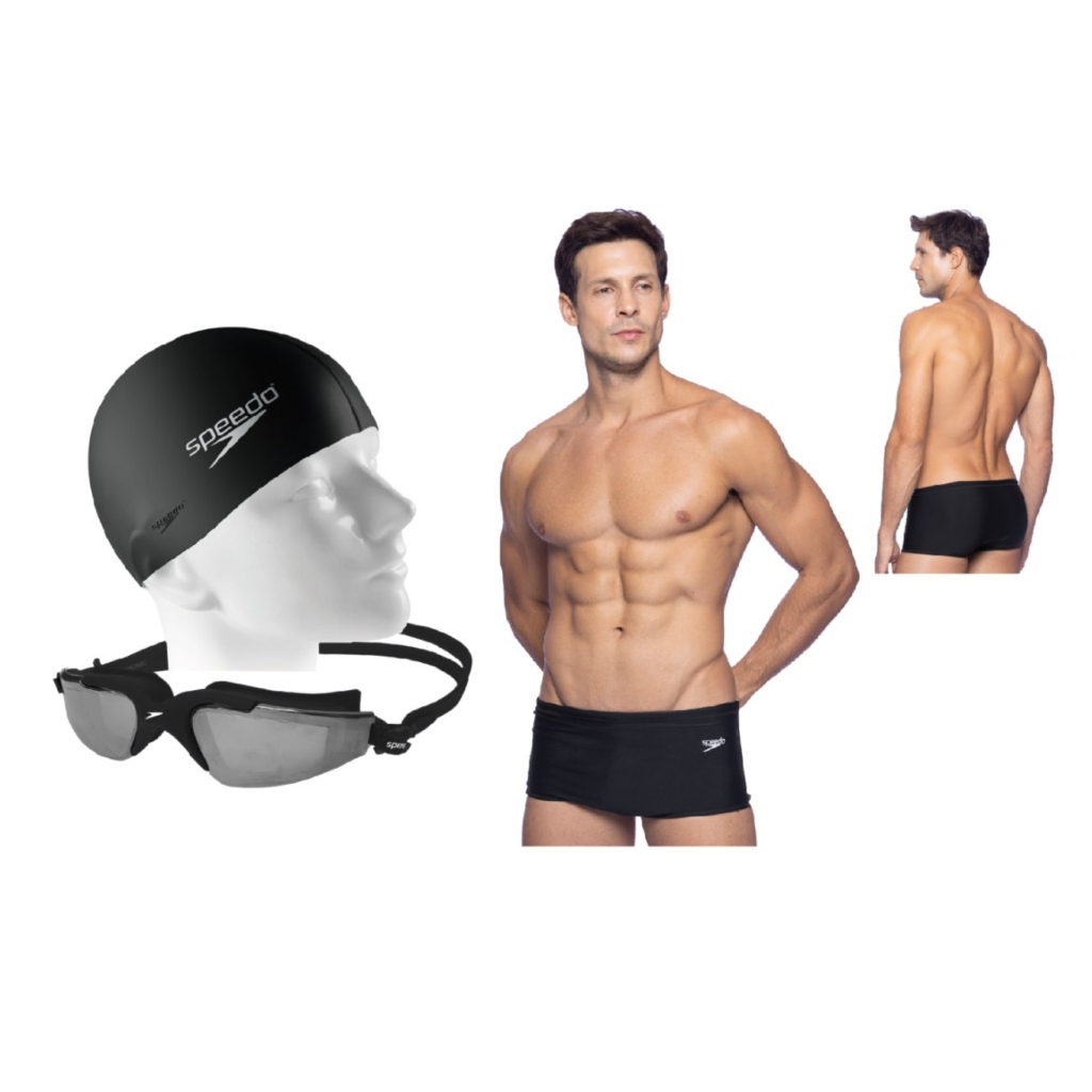 Kit Natação Speedo Sunga Tradicional + Óculos Tronic Espelhado Antiembaçante + Touca Flat Silicone