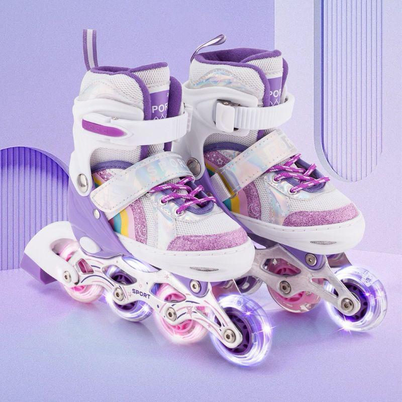 Patins Roller Inline 4 Rodas Meninas Reto Com Led Ajustavel Roxo Menina Um Freio