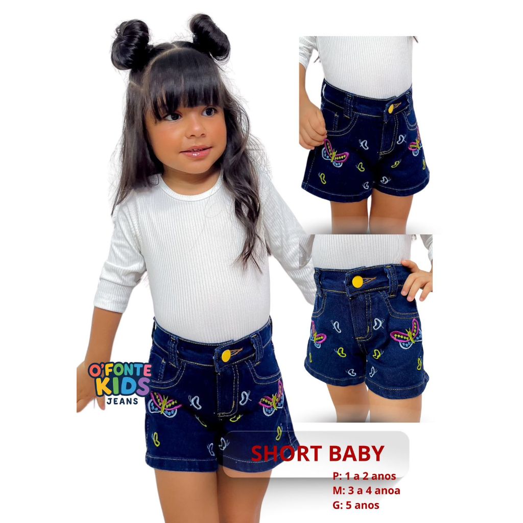 Short Jeans Infantil Bebê Shortinho Menina Com Bordado, 01, 02, 03, 04, 05, 06 Anos