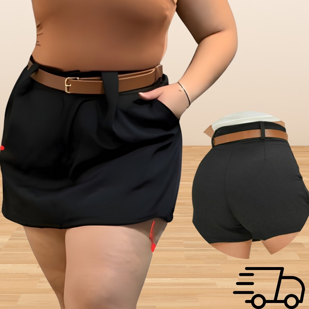 Short Saia Feminina Preto Com Cinto Plus - Para Você Se Sentir Bem em Oferta na Shopee