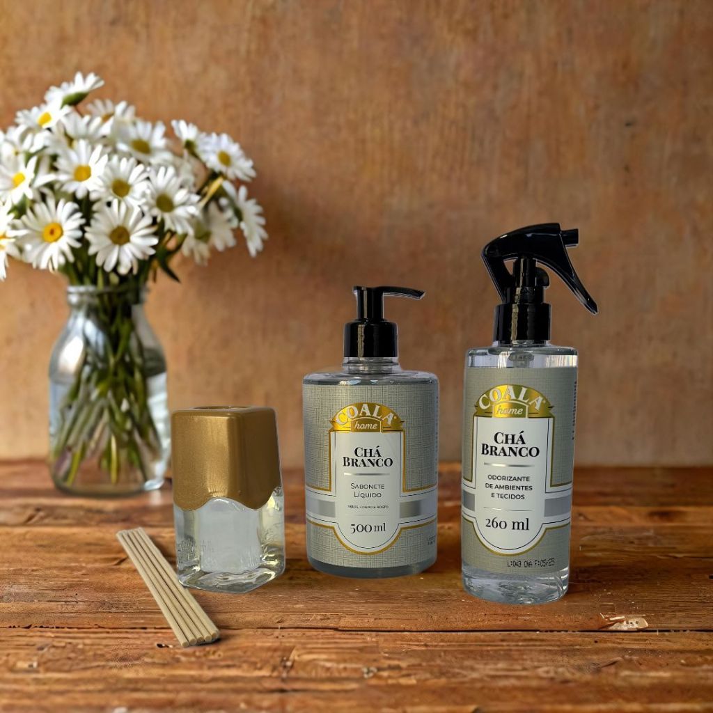 Kit Coala Cha Branco Odorizante Sabonete Liquido Difusor de Aromas Home Ambiente perfumado