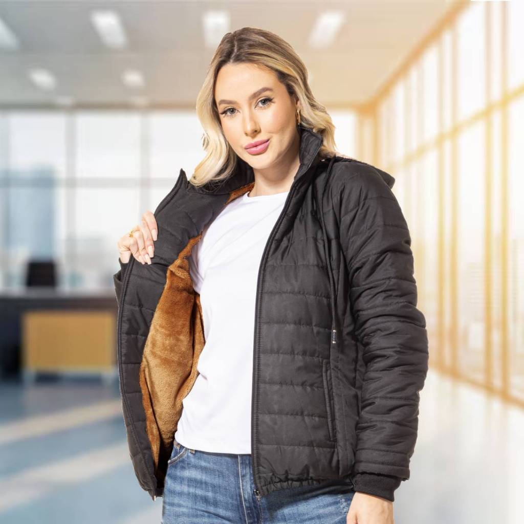 Jaqueta Feminina Forrada Com Pelucia Fleece Capuz Quentinha Puffer Bobojaco Nylon Matelado Acolchoad