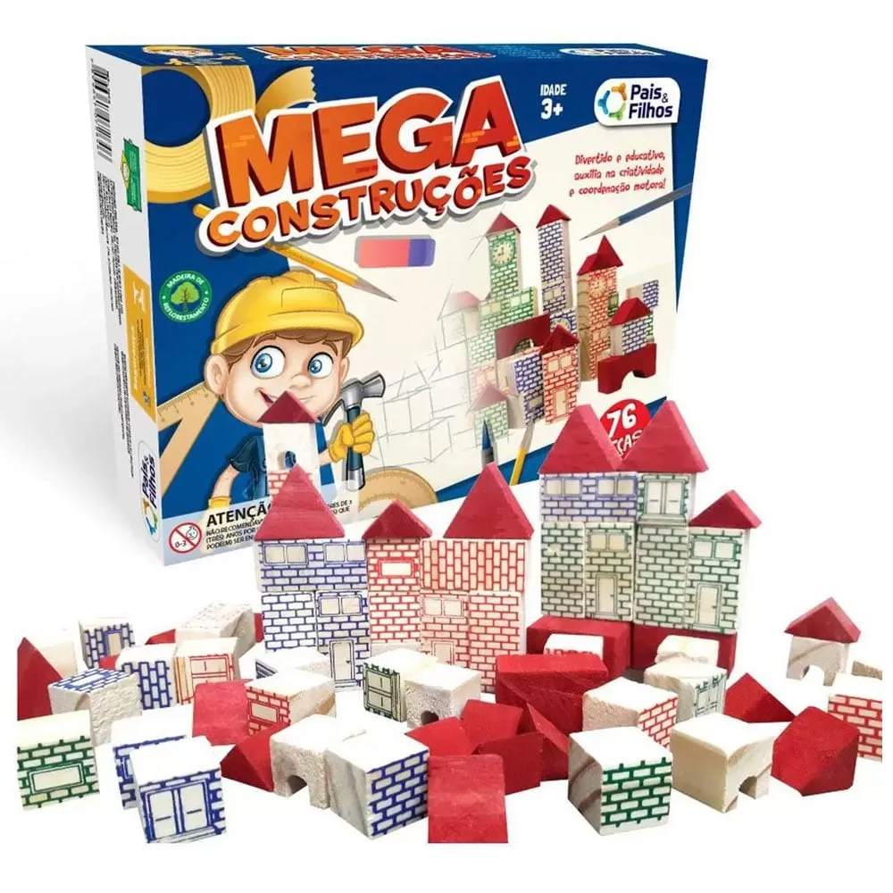 Blocos de Montar de Madeira Mega Construções 75 Peças - Pais e Filhos 7395 em Oferta na Shopee