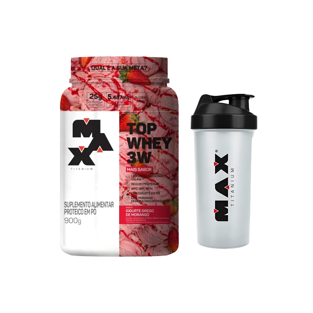 Kit Top Whey 3W Mais Sabor Max Titanium Morango 900g + Coqueteleira 700ml em Oferta na Shopee