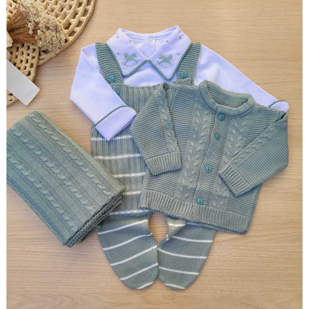 Saída de maternidade menino verde maré listrada cavalinho em tricot 4 peças