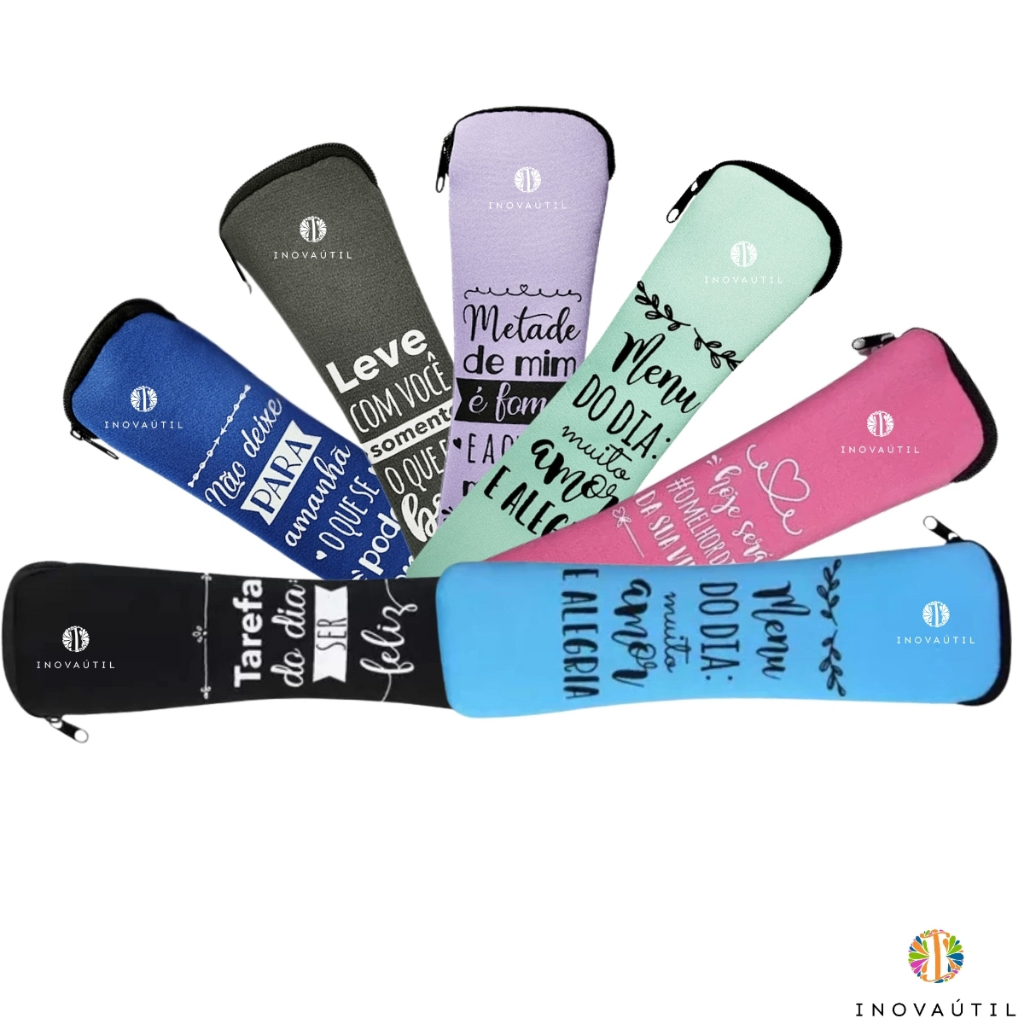 Porta Talher Estojo com Zíper para Viagem Bolsa Necessaire e Mochila Neoprene Preto Frases Diversas