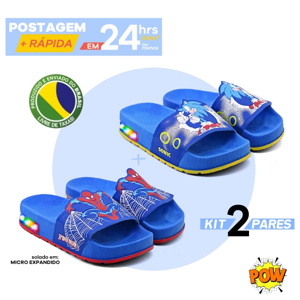 Kit Dois Pares Chinelo Slide LED Infantil com Luz na Parte Traseira e Estampas Divertidas