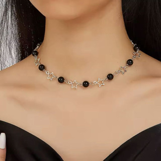 Colar Simples de Estrelas com Pérolas Pretas  - Colar Minimalista Prata Perolas Preta Y2K Joias