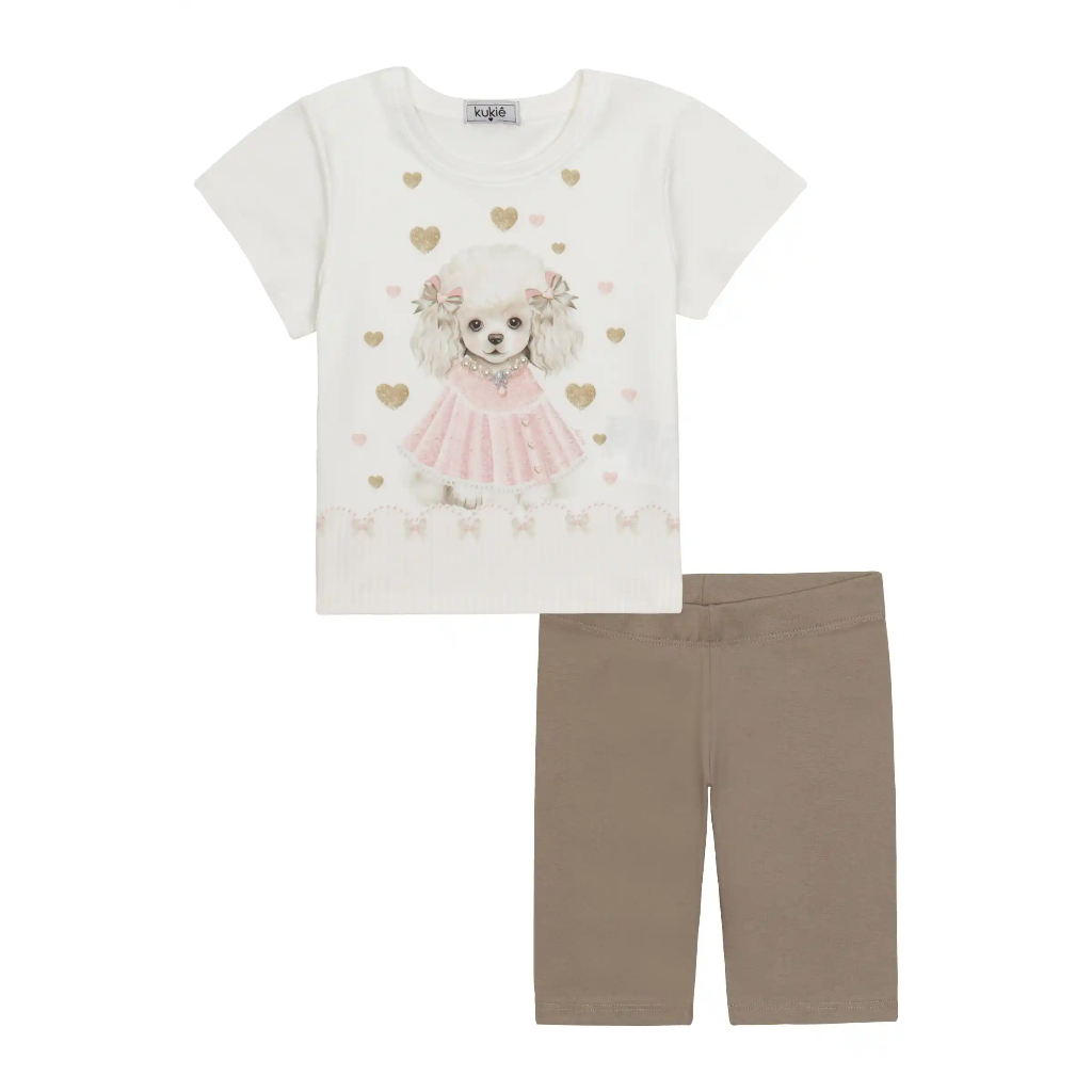 Conjunto Infantil Menina Kukiê Blusa Cachorrinha em Meia Malha E Shorts Ciclista em Ribana