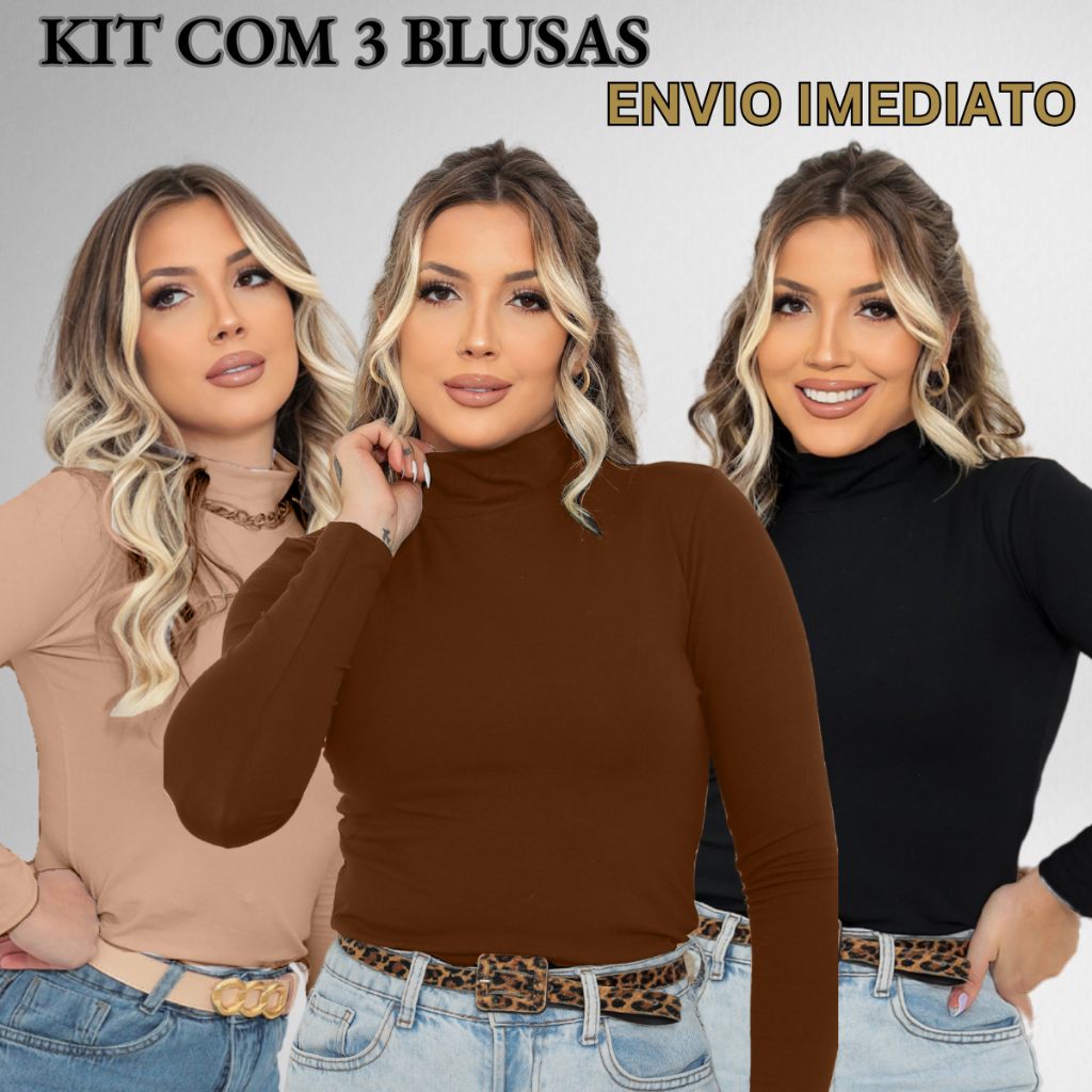 Kit 3 Blusas Feminina Cacharrel Segunda Pele Manga Longa