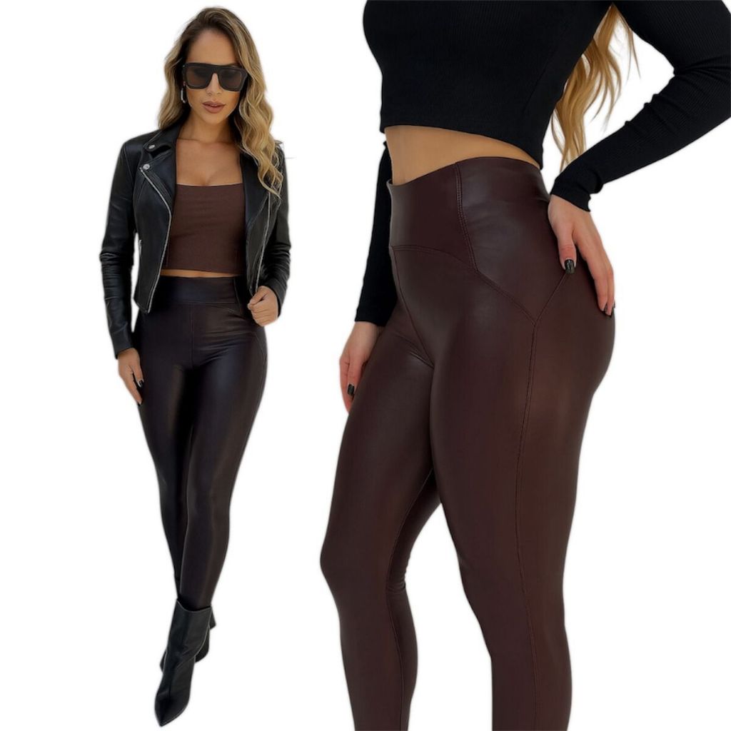 Calça Legging Cirré Feminina Cintura Alta Brilho Tipo Couro Conforto e Estilo em Oferta na Shopee