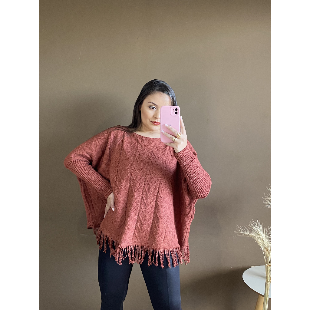 Blusa Poncho Tricot Mousse Feminino Manga Longa Com Franjas Na Barra Moda Inverno Plus Size