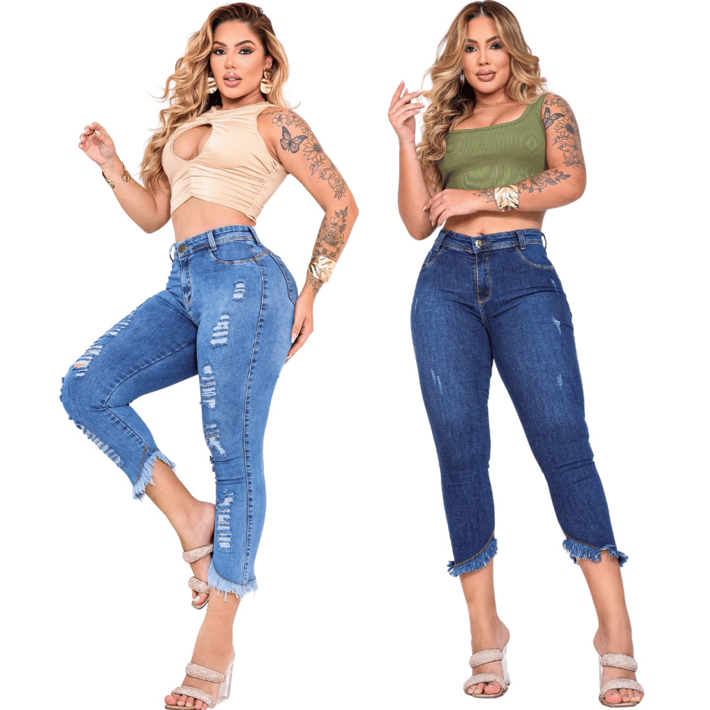 Kit 2 Calças Jeans Feminina Capri Cintura Alta Levanta Bumbum Cropped Modeladora Lycra Stretch Premium