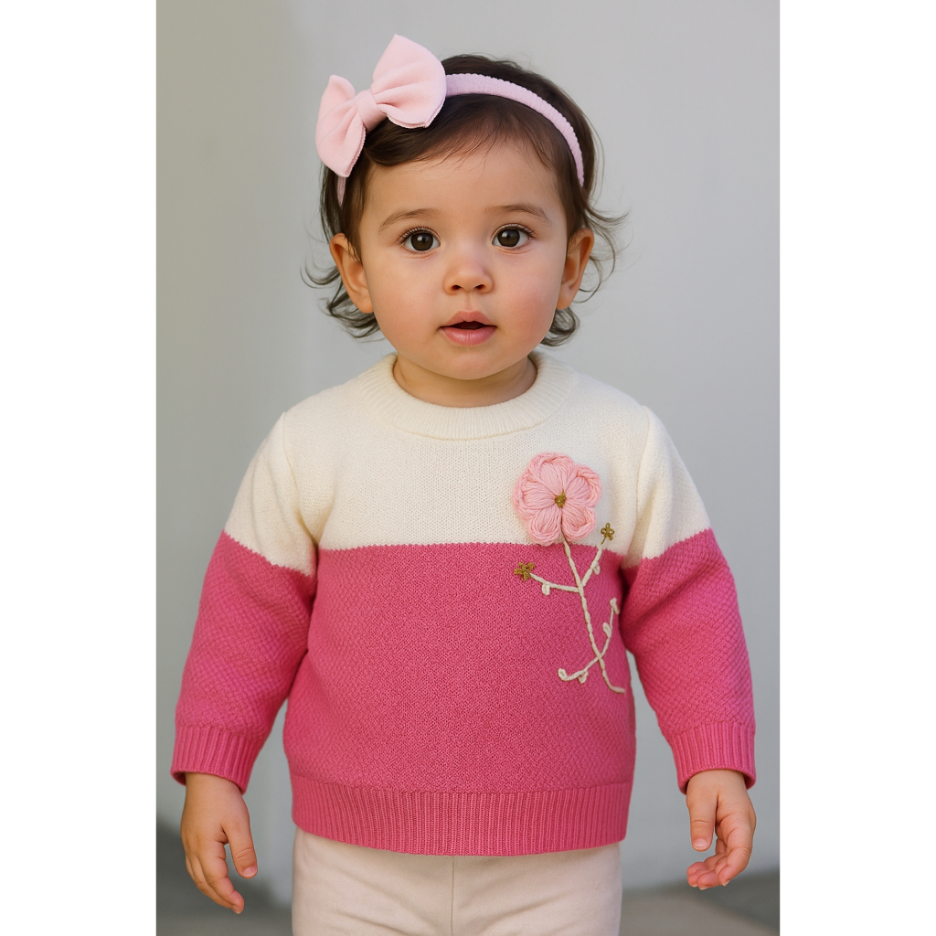 Blusa Tricô Infantil Menina com Bordado à Mão e Degradê Off Azaléia – Inverno
