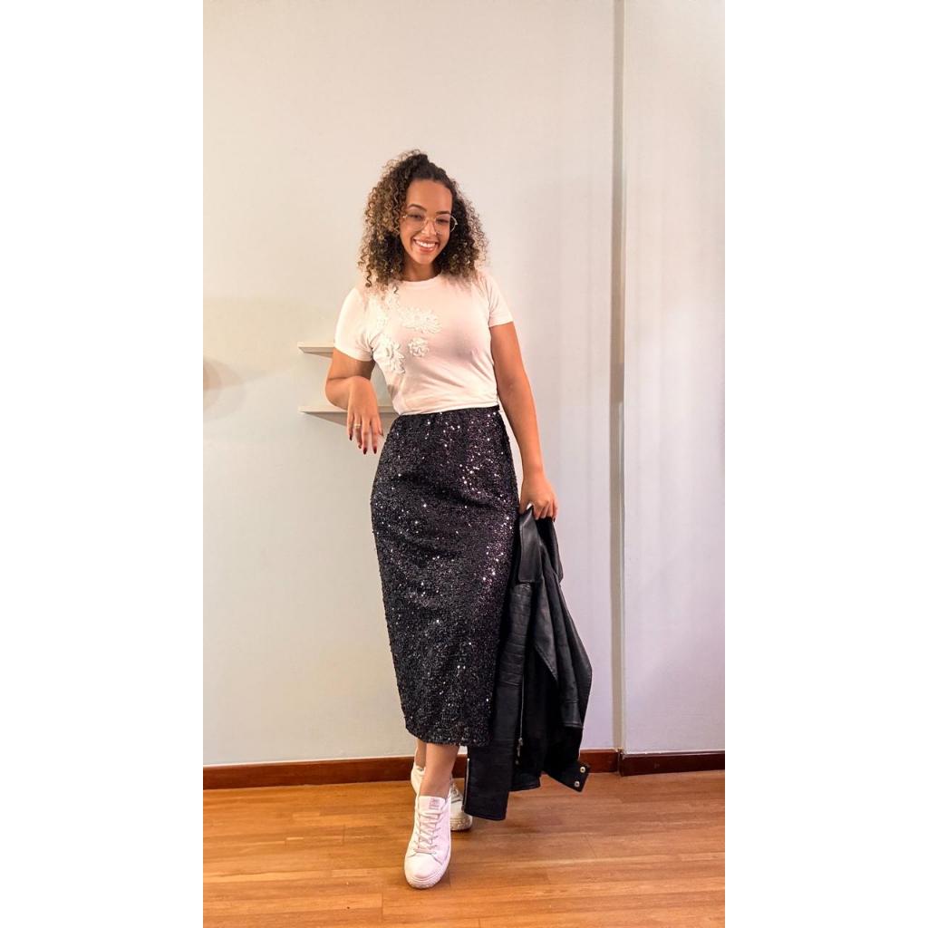 Saia Paetê Mídi Brilho Cintura Alta Elegante