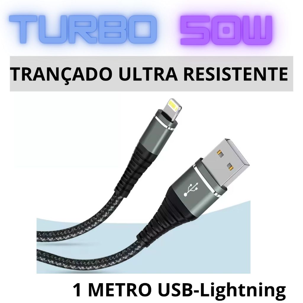 Cabo 50W  ULTRA RÁPIDO Resistente USB-LIGHTNING para iPhone X XR 11 12 13 14 PRO MAX