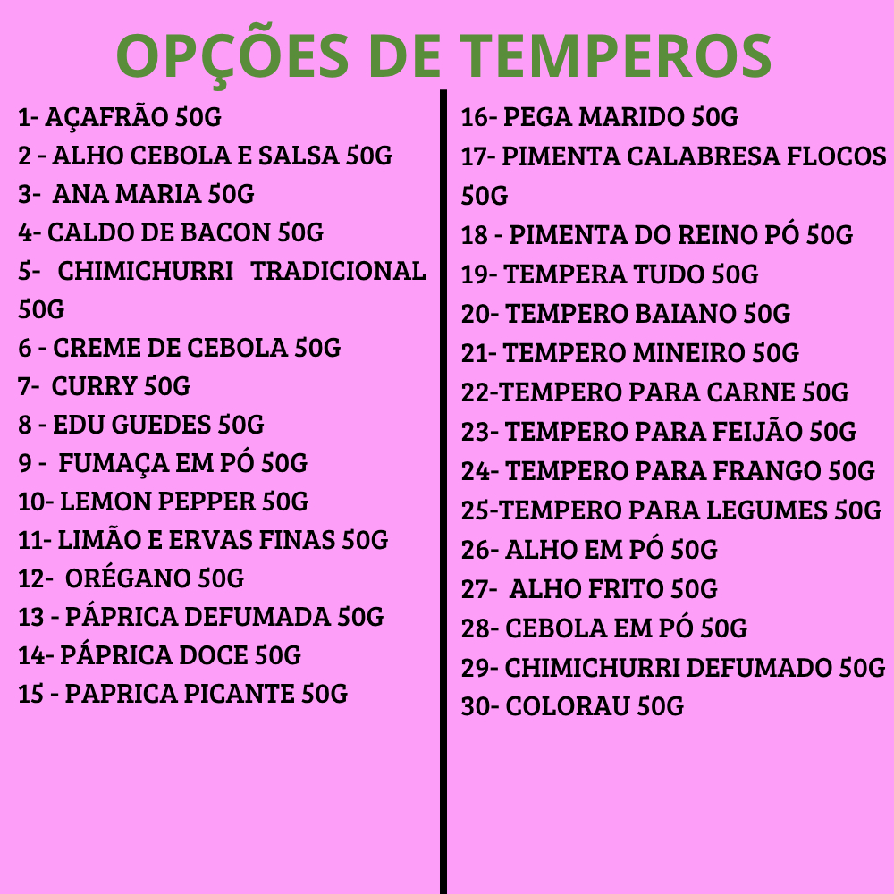Kit 15 Temperos 50g cada totalizando 750g. Temperos e Condimentos Variados Monte seu Kit