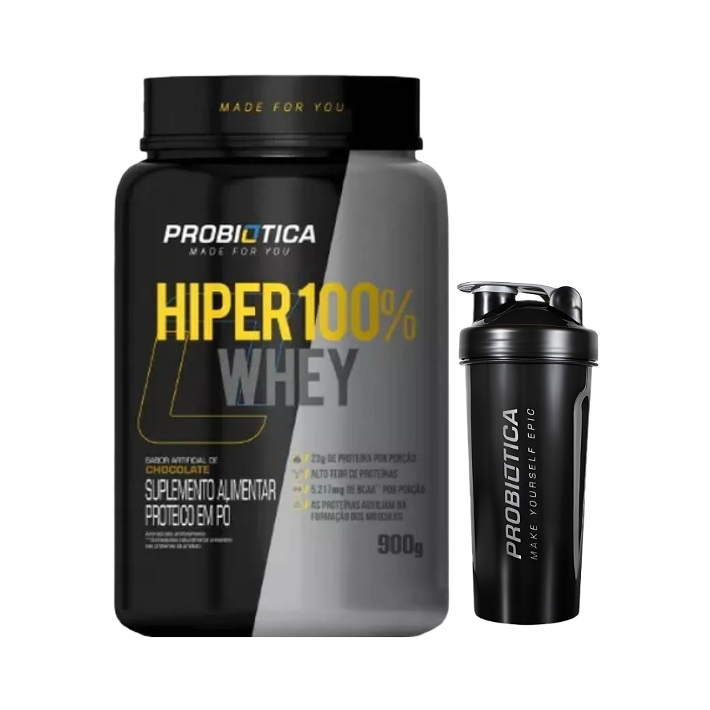 Kit Whey Probiótica Hiper 100% Chocolate Com 900g + Coqueteleira 700ml em Oferta na Shopee
