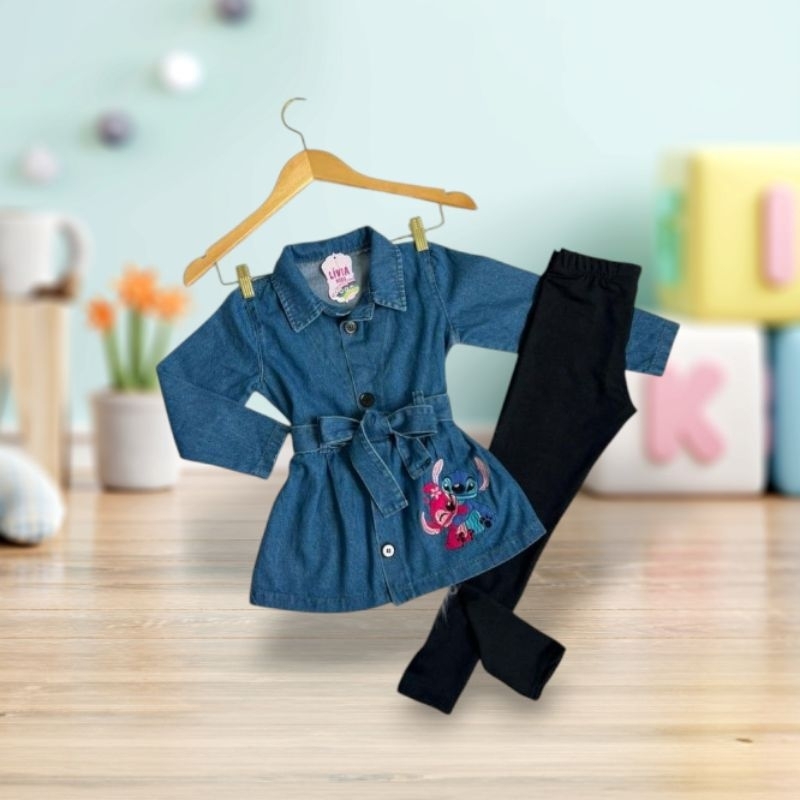 Conjunto De Frio Sobretudo Moletom Jeans Com Calça Legging Infantil Menina Outono Inverno frio Stitch