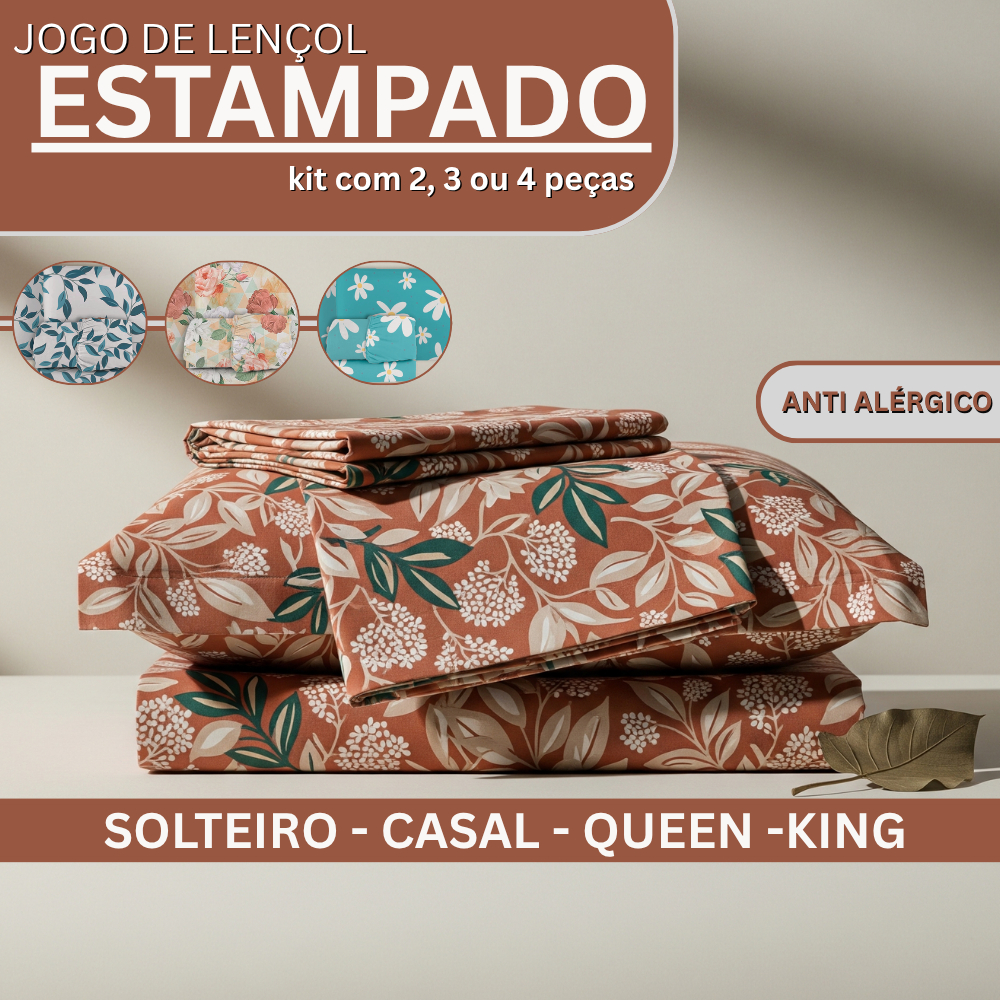 Jogo de Lençol Estampado 2 - 3 ou 4 Peças - Solteiro / Casal / Queen / King