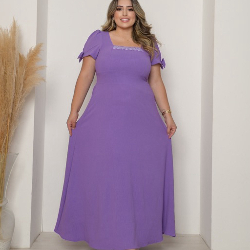 Vestido Feminino Longo Elegante com Renda Mangas Curtas com Laços Atras, com Elástico Duna Liso Premium Luxo