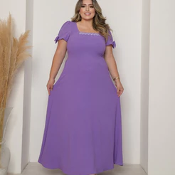 Vestido Feminino Longo Elegante com Renda Mangas Curtas com Laços Atras, com Elástico Duna Liso Premium Luxo