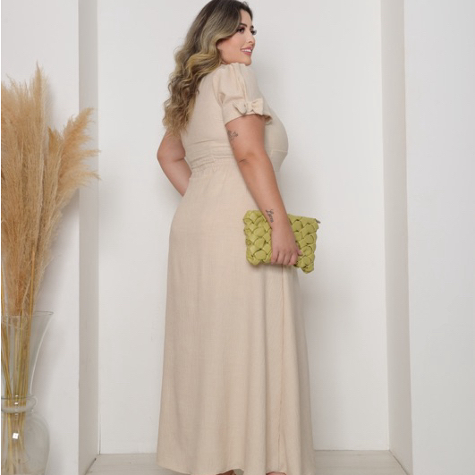 Vestido Feminino Longo Elegante com Renda Mangas Curtas com Laços Atras, com Elástico Duna Liso Premium Luxo — imagem 2 de 2
