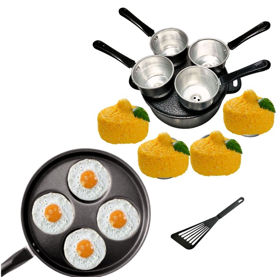 Kit Prático e Completo: Cuscuzeira 4 Porções Alumínio Preto + Frigideira 4 em 1 com Tampa de Vidro + Espátula de Brinde!