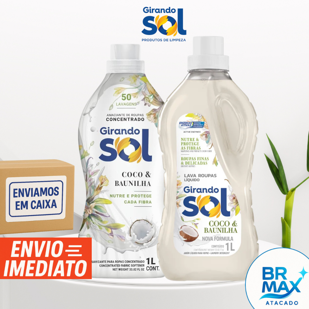 Kit Sabão lava roupas 1L + Amaciante Concentrado 1L Coco com Baunilha Girando Sol