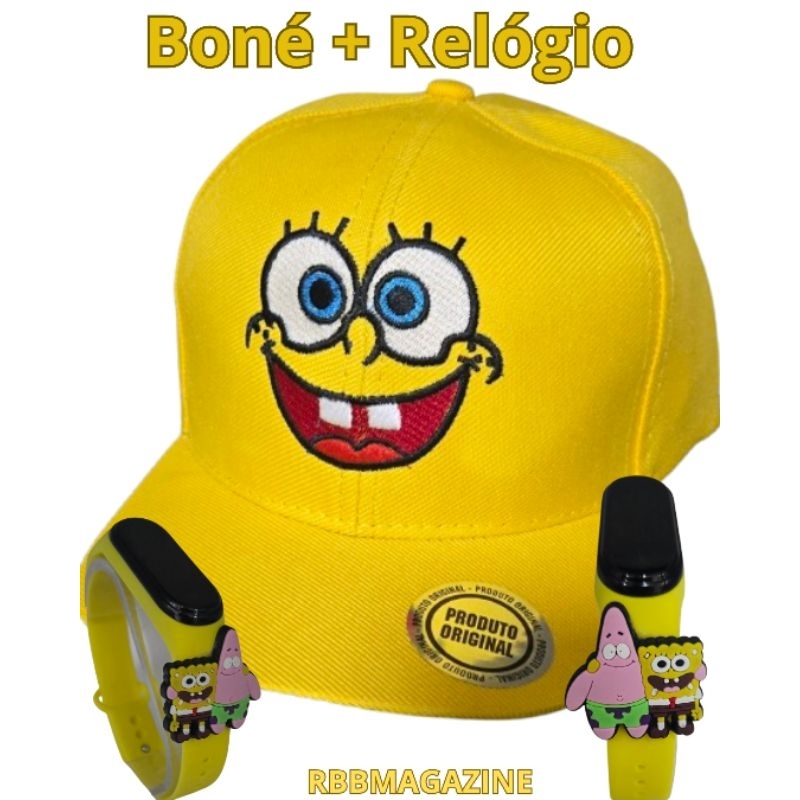 Kit Infantil Bob Esponja – Boné Bordado + Relógio à Prova d’Água com Aplique Emborrachado