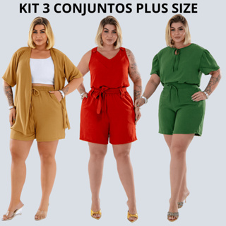 kit 3 Conjuntos Feminino Plus Size Kimono Cardigan E Short Moda Casual em Oferta na Shopee