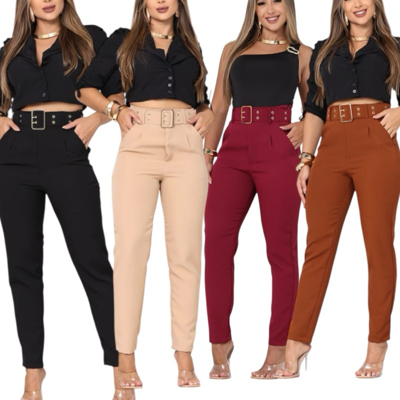 Calça Feminina Social Alfaiataria com Cinto Cintura Alta Com Bolso  Moda Elegante Luxo Premium